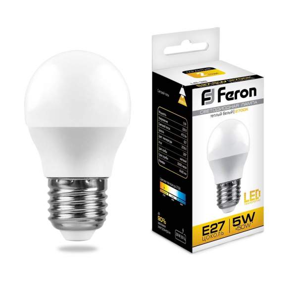 Светодиодная лампа E27 5W 2700K (теплый) G45 LB-38 Feron (25404)