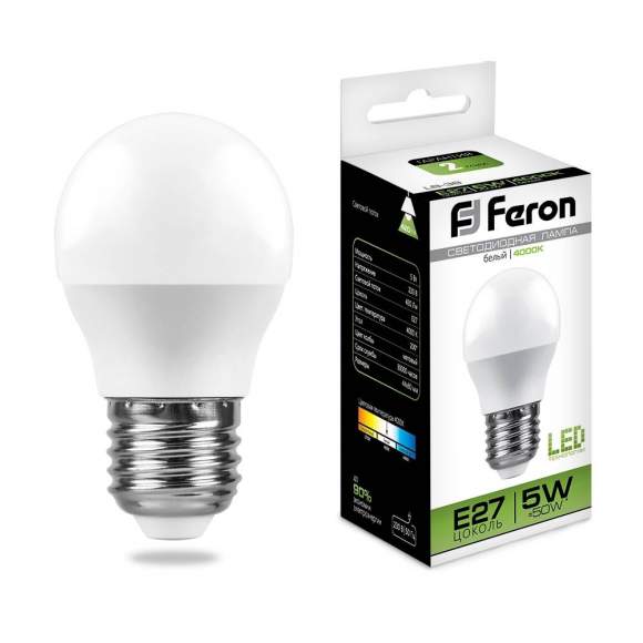 Светодиодная лампа E27 5W 4000K (белый) G45 LB-38 Feron (25405)