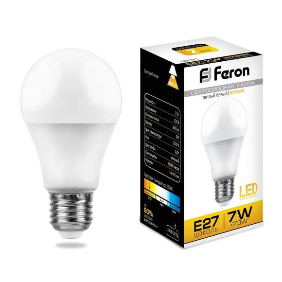 Светодиодная лампа E27 7W 2700K (теплый) A60 LB-91 Feron (25444)