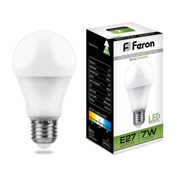 Светодиодная лампа E27 7W 4000K (белый) A60 LB-91 Feron (25445)