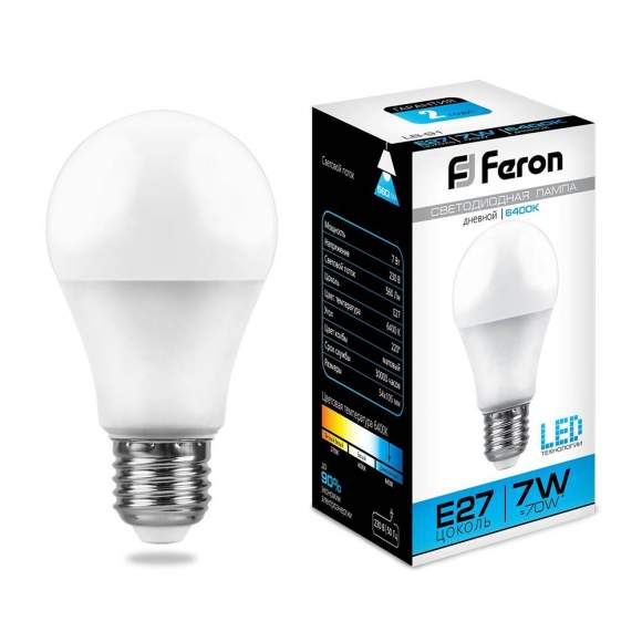 Светодиодная лампа E27 7W 6400K (холодный) A60 LB-91 Feron (25446)