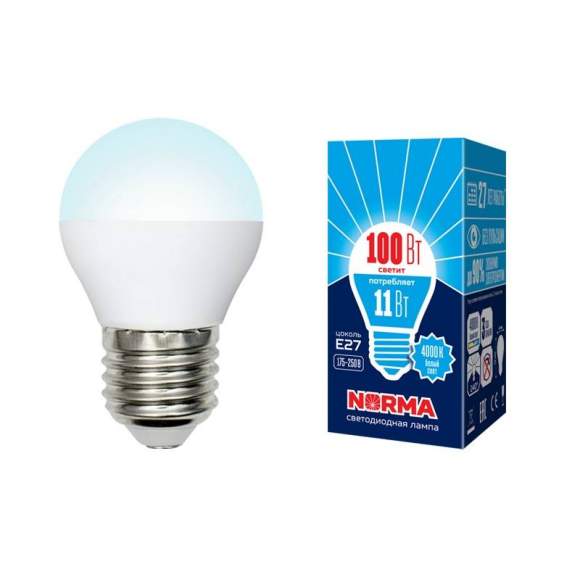 Светодиодная лампа E27 11W 4000K (белый свет) Volpe Norma LED-G45-11W/NW/E27/FR/NR картон (UL-00003834)