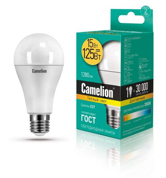 Светодиодная лампа E27 15W 3000К (теплый) A60 Camelion LED15-A60/830/E27 (12185)