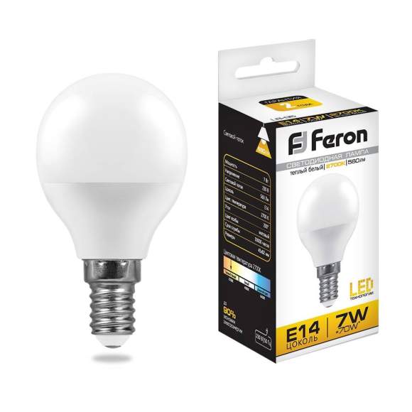 Светодиодная лампа E14 7W 2700K (теплый) G45 LB-95 Feron (25478)