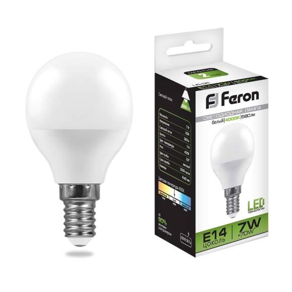 Светодиодная лампа E14 7W 4000K (белый) G45 LB-95 Feron (25479)