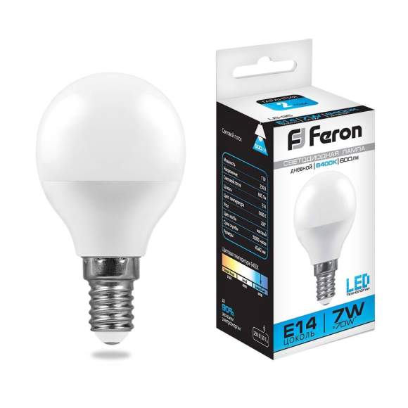 Светодиодная лампа E14 7W 6400K (холодный) G45 LB-95 Feron (25480)