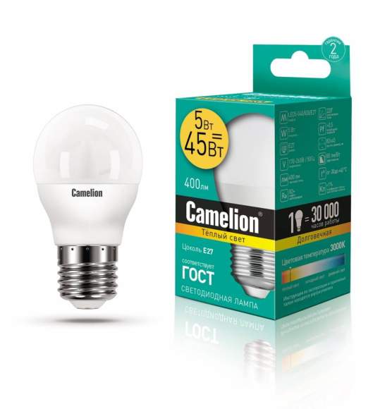 Светодиодная лампа E27 5W 3000К (теплый) G45 Camelion LED5-G45/830/E27 (12028)