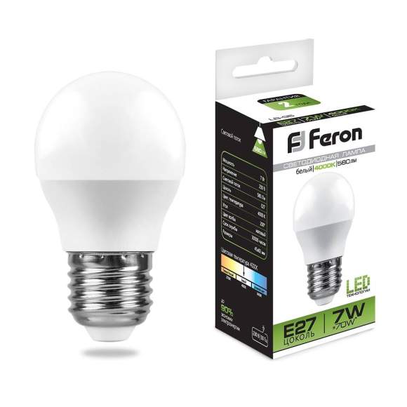 Светодиодная лампа E27 7W 4000K (белый) G45 LB-95 Feron (25482)