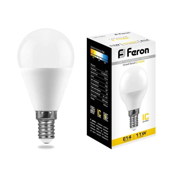 Светодиодная лампа E14 11W 2700К (теплый) G45 LB-750 Feron 25946