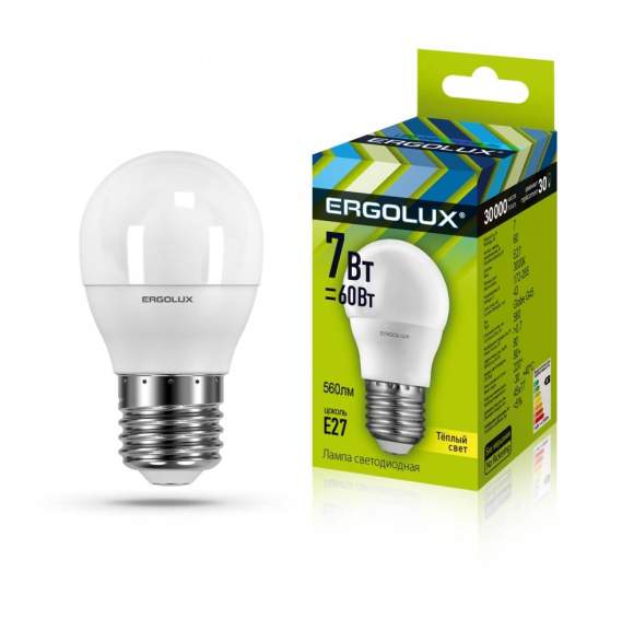 Светодиодная лампа E27 7W 3000K (теплый) Ergolux LED-G45-7W-E27-3K (12143)