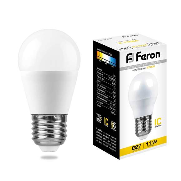 Светодиодная лампа Е27 11W 2700К (теплый) G45 LB-750 Feron 25949