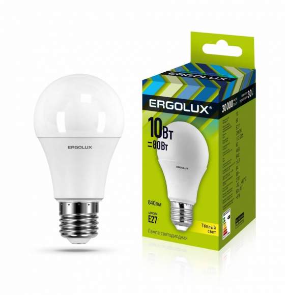 Светодиодная лампа E27 10W 3000K (теплый) Ergolux LED-A60-10W-E27-3K (12148)