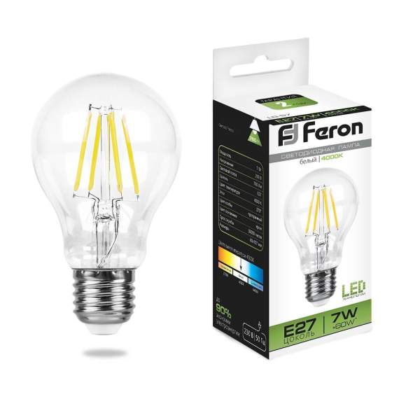 Филаментная светодиодная лампа E27 7W 4000K (белый) A60 LB-57 Feron (25570)