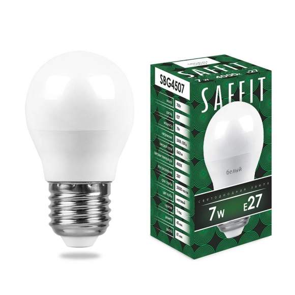 Светодиодная лампа E27 7W 4000K (белый) G45 Saffit SBG4507 (55037)
