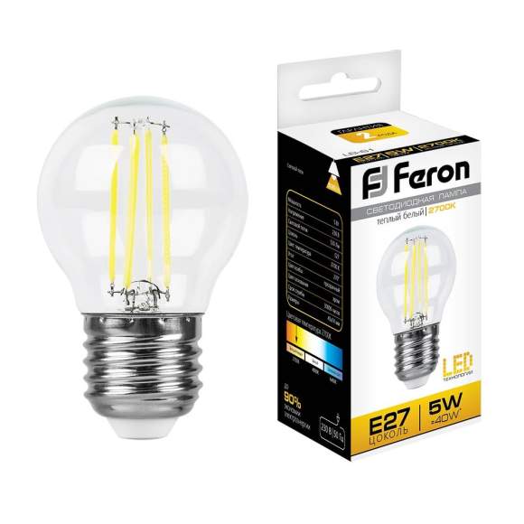 Филаментная светодиодная лампа E27 5W 2700K (теплый) G45 LB-61 Feron (25581)
