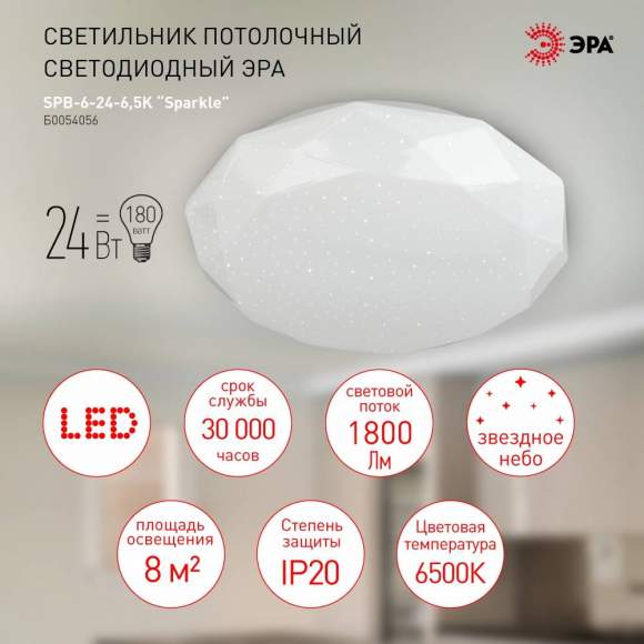 Потолочный светодиодный светильник Эра SPB-6-24-6,5K Sparkle (Б0054056)