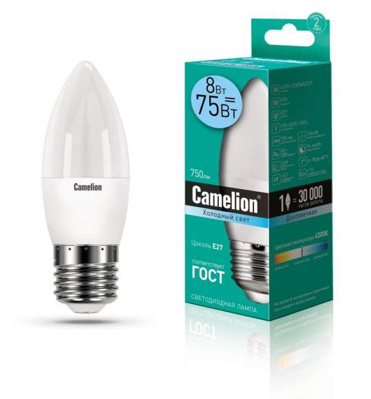 Светодиодная лампа E27 8W 4500К (белый) C35 Camelion LED8-C35/845/E27 (12390)