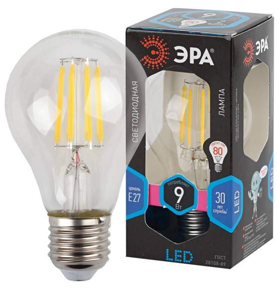 Филаментная светодиодная лампа Е27 5W 2700К (теплый) Эра F-LED A60-9W-840-E27 (Б0043434)