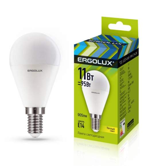 Светодиодная лампа E14 11W 3000К (теплый) Ergolux LED-G45-11W-E14-3K (13627)