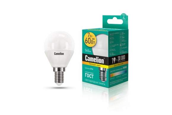 Светодиодная лампа E14 7W 3000 (теплый) G45 Camelion  LED7-G45/830/E14 (12069)