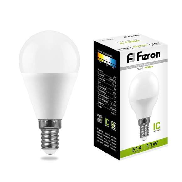 Светодиодная лампа E14 11W 4000К (белый) G45 LB-750 Feron 25947