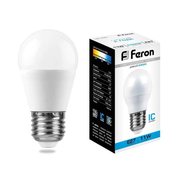 Светодиодная лампа E27 11W 6400К (холодный) G45 LB-750 Feron (25951)
