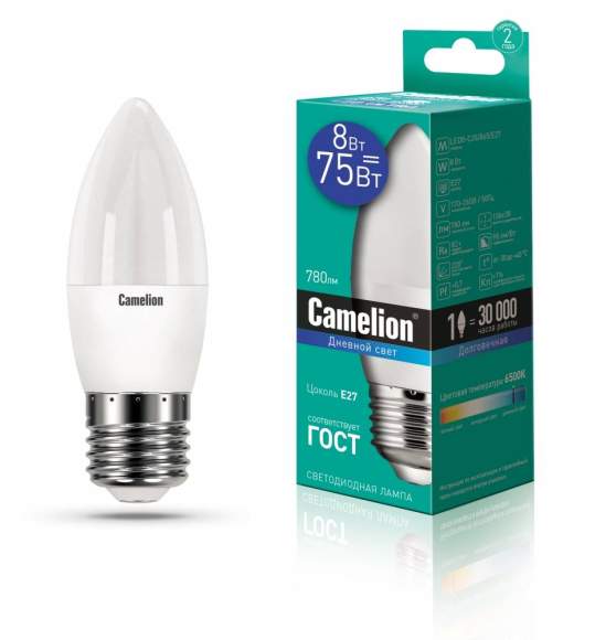 Светодиодная лампа E27 8W 6500К (холодный) C35 Camelion LED8-C35/865/E27 (13372)