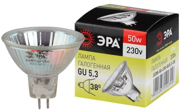 Галогенная лампа GU5.3 50W 3000К (теплый) Эра GU5.3-JCDR (MR16) -50W-230V-CL (C0027365)