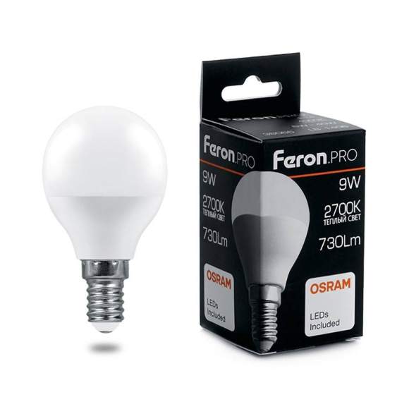 Светодиодная лампа E14 9W 2700К (теплый) G45 LB-1409 Feron (38077)