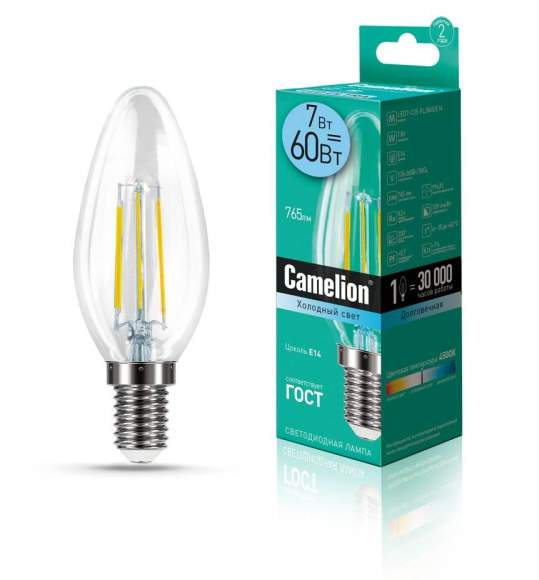 Филаментная светодиодная лампа E14 7W 4500К (белый) C35 Camelion LED7-C35-FL/845/E14 (13453)