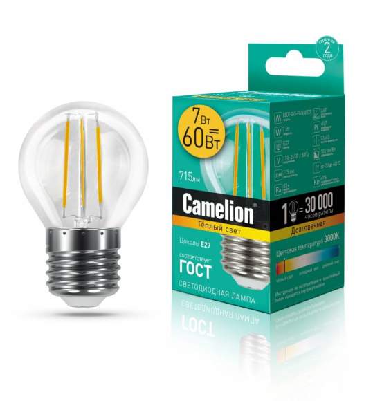 Филаментная светодиодная лампа E27 7W 3000К (теплый) G95 Camelion LED7-G45-FL/830/E27 (13457)