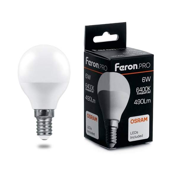 Светодиодная лампа E14 6W 6400К (холодный) G45 LB-1406 Feron (38067)