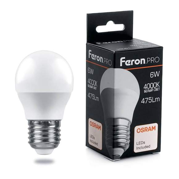Светодиодная лампа E27 6W 4000К (белый) G45 LB-1406 Feron (38069)