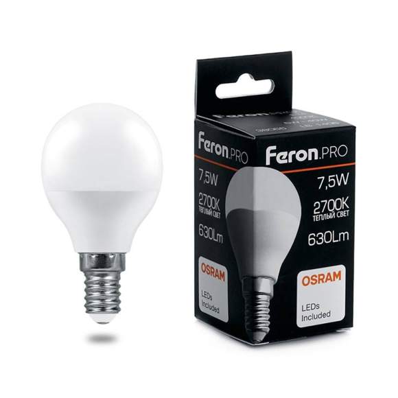 Светодиодная лампа E14 7.5W 2700К (теплый) G45 LB-1407 Feron (38071)