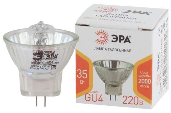 Галогенная лампа GU4 35W 3000К (теплый) Эра GU4-MR11-35W-220V-30 CL (Б0044094)