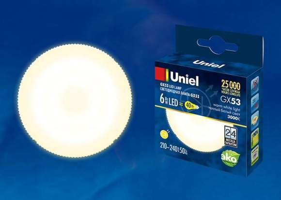 Лампа светодиодная GX53 6W 3000K Теплый белый свет Uniel LED-GX53-6W/WW/GX53/FR PLZ01WH (UL-00001670)