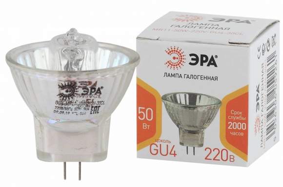 Галогенная лампа GU4 50W 3000К (теплый) Эра GU4-MR11-50W-220V-30CL (Б0044095)