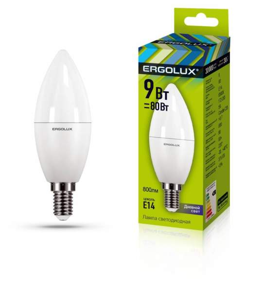 Светодиодная лампа E14 9W 6500K (холодный) Ergolux LED-C35-9W-E14-6K (13169)