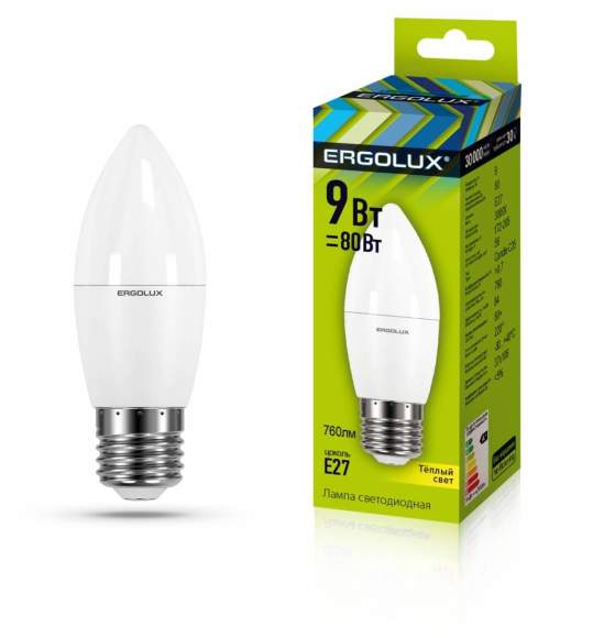 Светодиодная лампа E27 9W 3000K (теплый) Ergolux LED-C35-9W-E27-3K (13170)