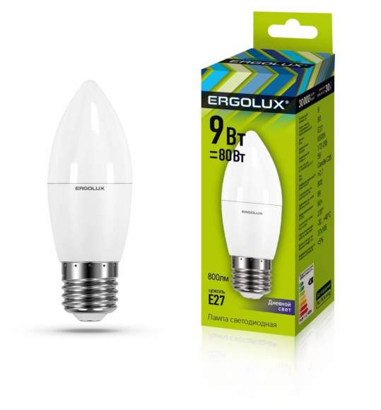Светодиодная лампа E27 9W 6500K (холодный) Ergolux LED-C35-9W-E27-6K (13172)