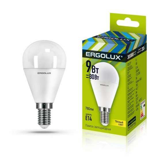 Светодиодная лампа E14 9W 3000K (теплый) Ergolux LED-G45-9W-E14-3K (13173)