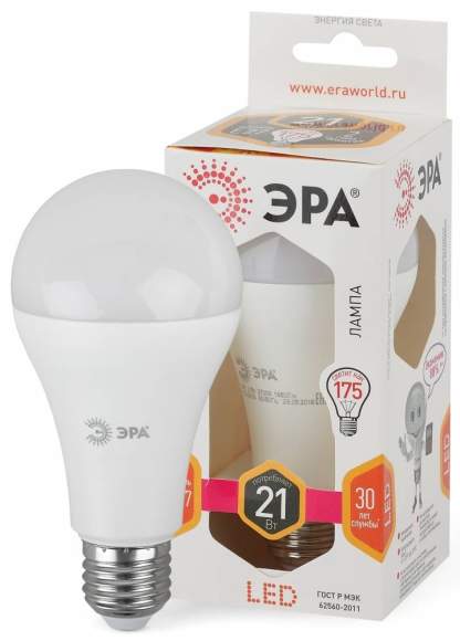 Светодиодная лампа Е27 21W 2700К (теплый) Эра LED A65-21W-827-E27