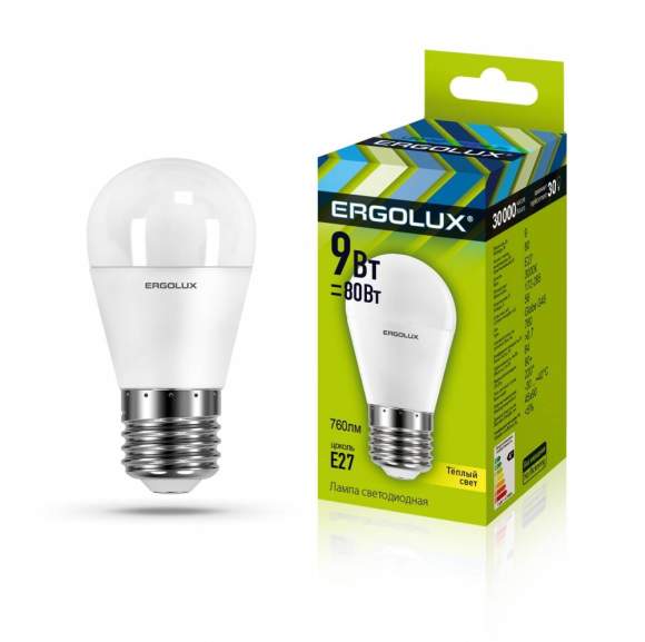 Светодиодная лампа E27 9W 3000K (теплый) Ergolux LED-G45-9W-E27-3K (13176)