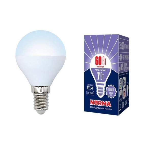 Светодиодная лампа E14 7W 6500K (дневной белый свет) Volpe Norma LED-G45-7W/DW/E14/FR/NR картон (UL-00003818)