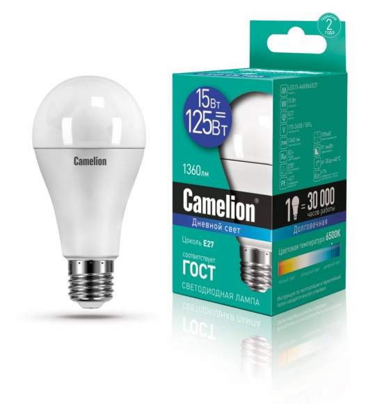 Светодиодная лампа E27 15W 6500К (холодный) A60 Camelion LED15-A60/865/E27 (12713)